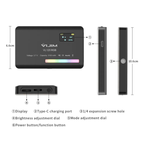 KIT Luz LED RGB VL120 Ulanzi Recargable Color 2500-9000K 3100mAh