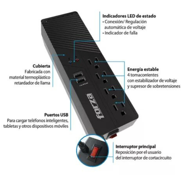 Regulador De Voltaje Forza 1000va 500w 2usb 2.0 4 Tomas 120v